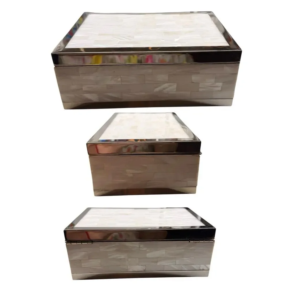 Pottery Barn Mother of Pearl Black Felt Jewelry Box Chrome Mirror Finish Frame